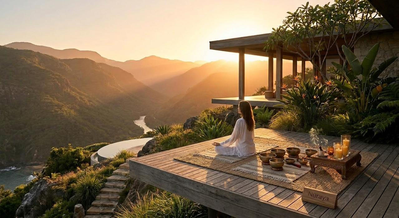 Méditation en retraite Nüraya — coucher de soleil en montagne